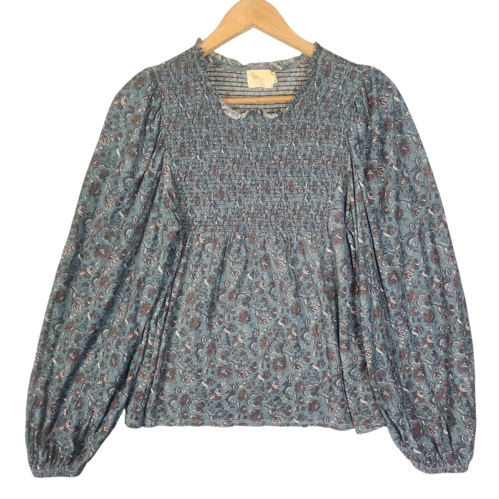 Nation LTD Marion Babydoll Tee Women's Medium Blue Floral Smocked Puff Sleeve